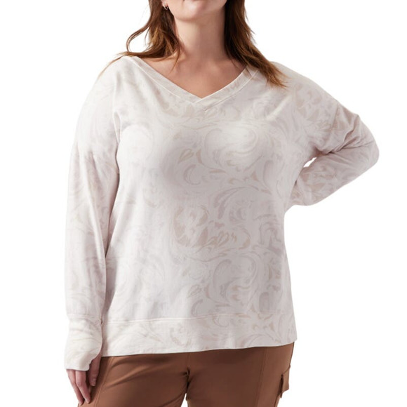 Athleta Coaster Luxe V-Neck Sweatshirt In Agate Paisley Cream Relaxed Fit Large - Picture 1 of 12